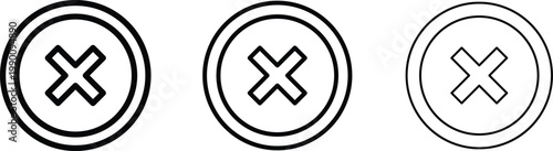 Minimalist close icon set with three line weights, black cross symbols in circles, vector delete and cancel buttons for web and app interface design