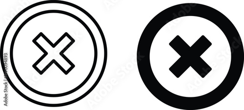 Minimalist close button vector icons, black and white cross symbols in circular frames, simple delete and cancel marks for web interface design
