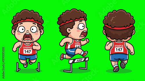 Cartoon Athlete Overcoming Hurdles in a Track and Field Race.
