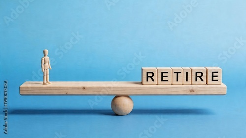 Business man wooden cube word retire on balance scale retirement planning concept savings for future life age management and pension fund blue background