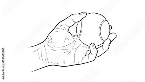Detailed black and white outline illustration of a human hand firmly holding a tennis ball, ready for play or serving.