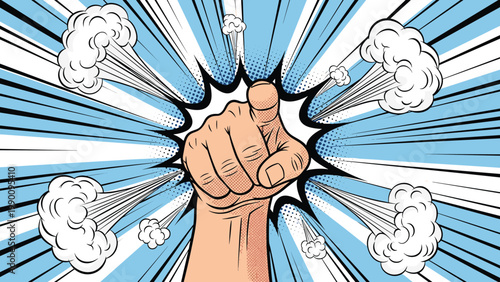 Dynamic pop art illustration of a hand pointing directly at the viewer, surrounded by a vibrant comic explosion and smoke effects.