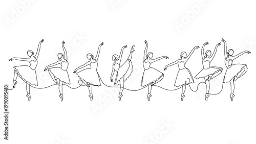 Elegant continuous line art illustration depicting a sequence of graceful ballerinas in various poses, showcasing fluid movement and ballet steps.
