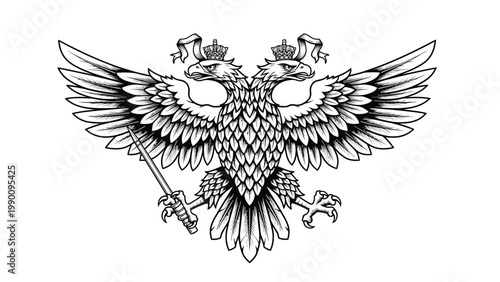 Majestic vintage engraving of a double-headed eagle holding a sword and orb, a powerful imperial heraldic emblem or coat of arms.