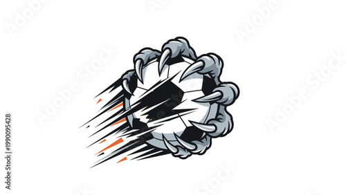 Ferocious monster claw clutching a soccer ball, bursting through a wall with dynamic motion lines, suitable for sports mascots.