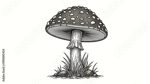Detailed vintage engraving illustration of a toadstool mushroom standing tall amidst blades of grass and small rocks, botanical art.