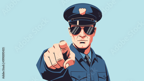 Authoritative pop art style illustration of a police officer in uniform and sunglasses, pointing directly at the viewer with a stern expression.