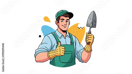 Friendly male gardener in overalls and a cap, confidently holding a shovel and giving a thumbs up, symbolizing hard work and care.