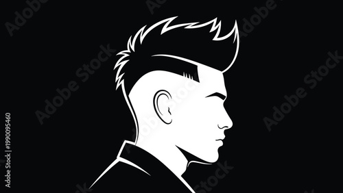 Stylish monochrome silhouette of a man's head in profile, showcasing a trendy modern haircut with a clean fade and voluminous top.