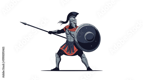 Imposing illustration of an ancient Spartan warrior in full armor, holding a spear and a round shield, ready for battle.