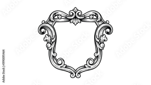 Elegant vintage engraving of an ornate shield-shaped frame, featuring intricate scrolls and floral flourishes, ideal for monograms or emblems.
