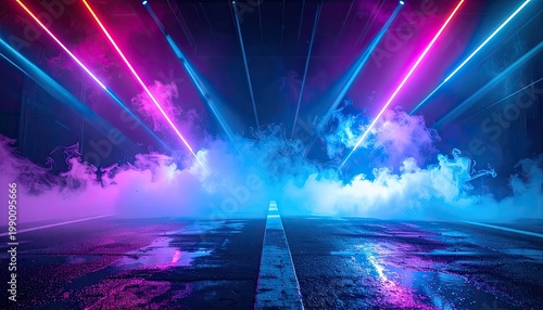 Vibrant neon lights illuminate a misty, futuristic cityscape with a wet asphalt road leading towards a vanishing point, creating a captivating and otherworldly atmosphere.