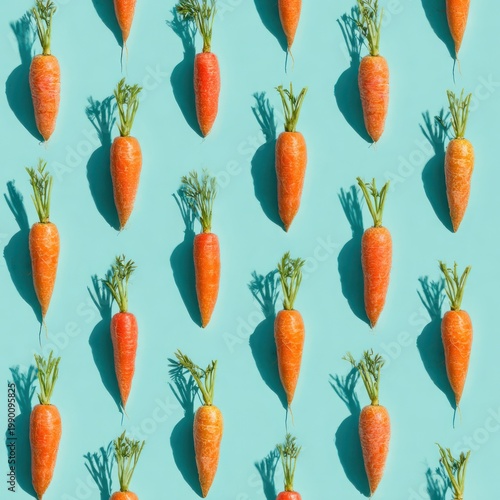 Pattern of fresh carrots with green tops on a bright blue background.