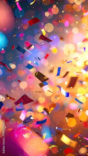 A vibrant and celebratory scene filled with shimmering confetti and bokeh lights creates a dynamic and festive atmosphere.