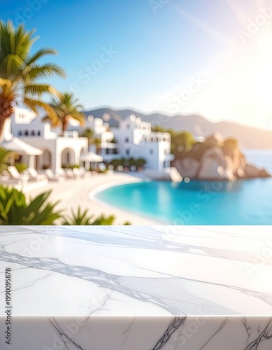 A serene coastal scene featuring a white-washed village nestled along a turquoise bay, complemented by a polished marble surface, evokes a sense of tranquility and luxury.