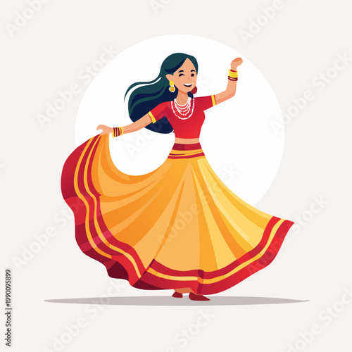 Illustration of a woman in traditional attire dancing gracefully with a flowing skirt