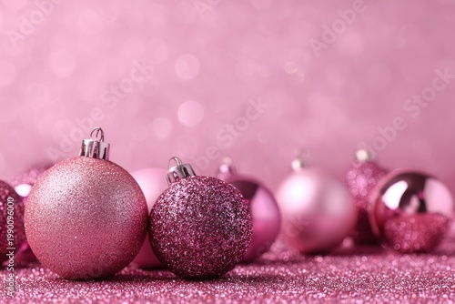 Pink glittery and matte christmas ornaments on sparkling surface background