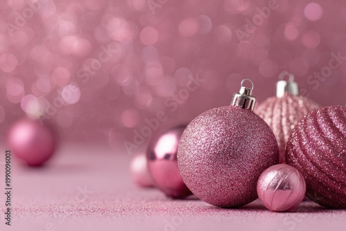 Pink glittery holiday ornaments against a soft bokeh background.