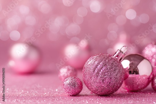 Pink glittery baubles rest on a sparkling surface with bokeh background.