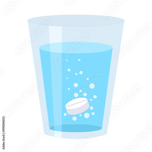 The effervescent tablet dissolves in the glass. Soluble medicine vector illustration. Vitamins substitute, air bubbles.