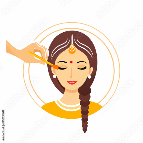 Illustration of a woman with traditional attire getting makeup applied to her eyes.
