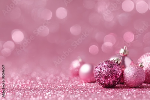 Pink glittery ornaments rest on a sparkling textured surface background.