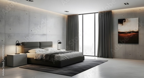 Modern bedroom with concrete walls, king-size bed, and large windows