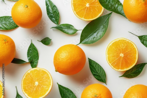 Bright oranges and green leaves scattered on a white surface.