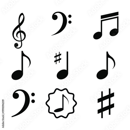 Music Note Icon Set Black Silhouette Vector Musical Symbols Collection Isolated on White
