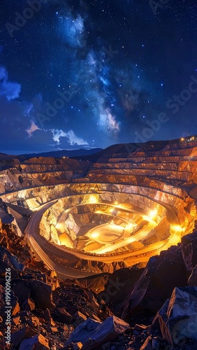 A large mine under a starry night sky