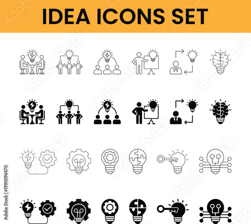 Teamwork and Innovation Idea Icons Set for Modern Business and UI Design