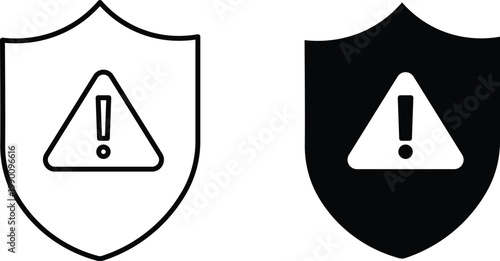 Cybersecurity shield icons with exclamation mark warning, digital protection and data security symbols, black and white vector set for web interface