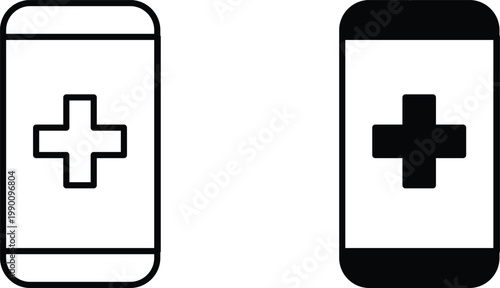 Medical smartphone app icon set, mobile healthcare technology symbols, digital health cross on phone screen vector, telehealth interface elements