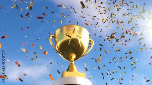 Golden Trophy with Star and Confetti against Blue Sky