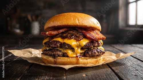 Mouth-watering double bacon smash cheeseburger on rustic wood with dramatic lighting.