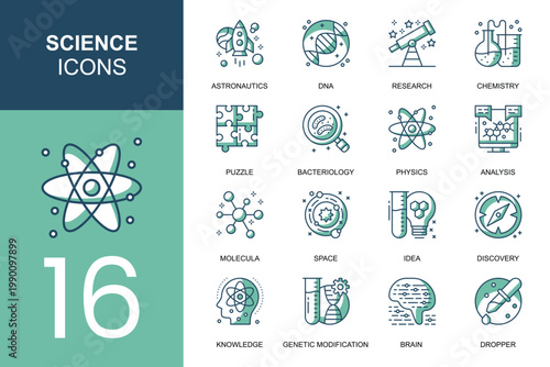 Science icons set with astronauts dna research chemistry puzzle bacteriology physics analysis molecule space idea discovery knowledge genetic modification brain dropper.