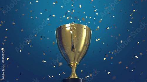 Golden trophy cup with falling confetti on blue background