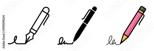 Signature pen icon flat vector illustration with color fill and outline styles symbolizing writing signing and document approval for UI UX and infographic design