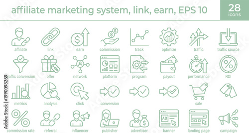 Affiliate marketing icons collection in thin line style for digital business strategy analytics web interface and online advertising use