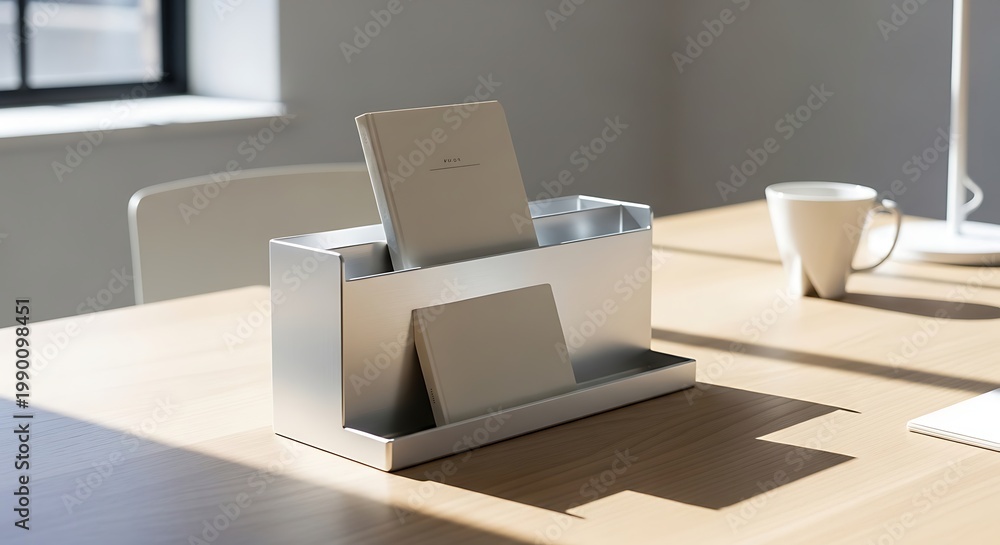 Fototapeta premium Modern desk organizer for business cards and stationery on a wooden table
