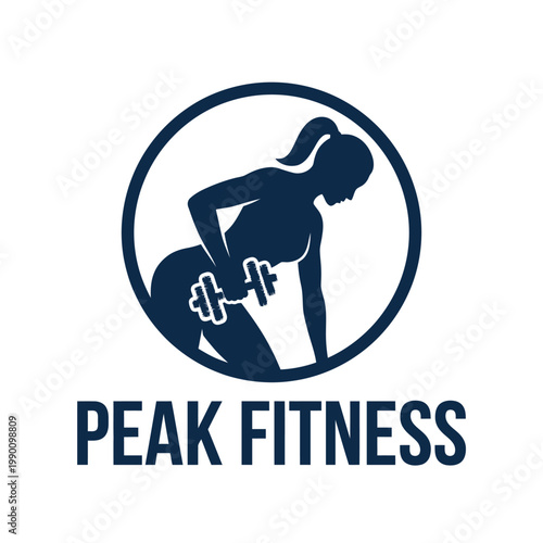 Fitness logo with athletic woman silhouette lifting dumbbell