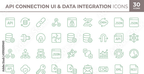 API connection and data integration icon set in minimal outline style for system communication development and cloud interface applications