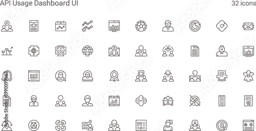 API usage dashboard UI icon set in minimal outline style for analytics monitoring performance tracking and developer interface design