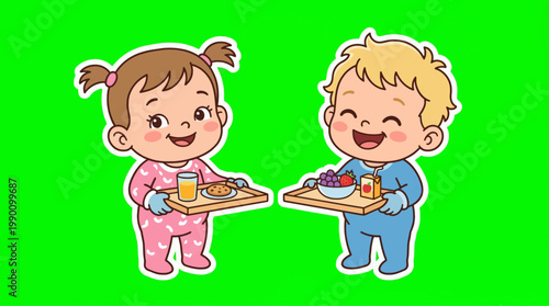 Cheerful Children Holding Breakfast Trays with Smiling Faces and Joyful Expressions.