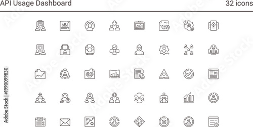 API usage dashboard icon set in minimal outline style for analytics monitoring performance tracking and developer interface applications
