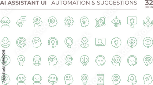 Artificial intelligence assistant icon set in thin line style for automation support chatbot interface and smart technology applications