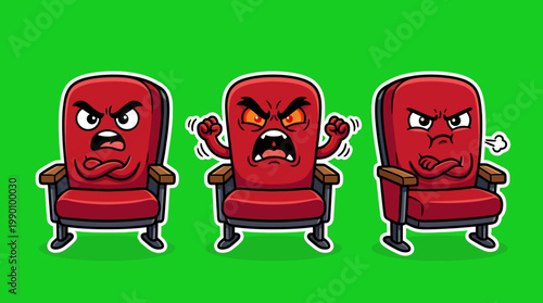 Cartoon Red Chairs Expressing Anger and Frustration on Green Background.