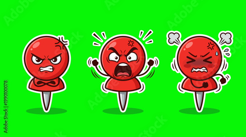 Cartoon Red Push Pins Expressing Anger and Frustration on Green Background.