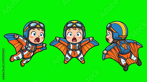 Cartoon Skydivers in Flight with Wingsuits and Goggles on Green Background.