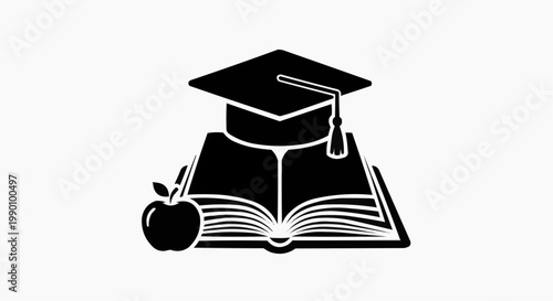 Graduation cap and book with an apple on a white background
